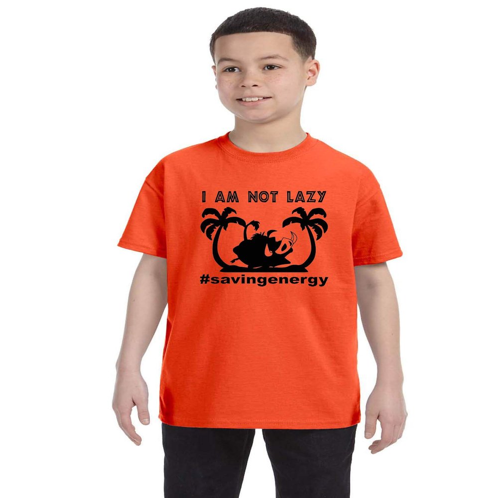 ALLNTRENDS Kids Youth T Shirt I Am Not Lazy Saving Energy Pumbaa Tee Funny Top (L, Orange)