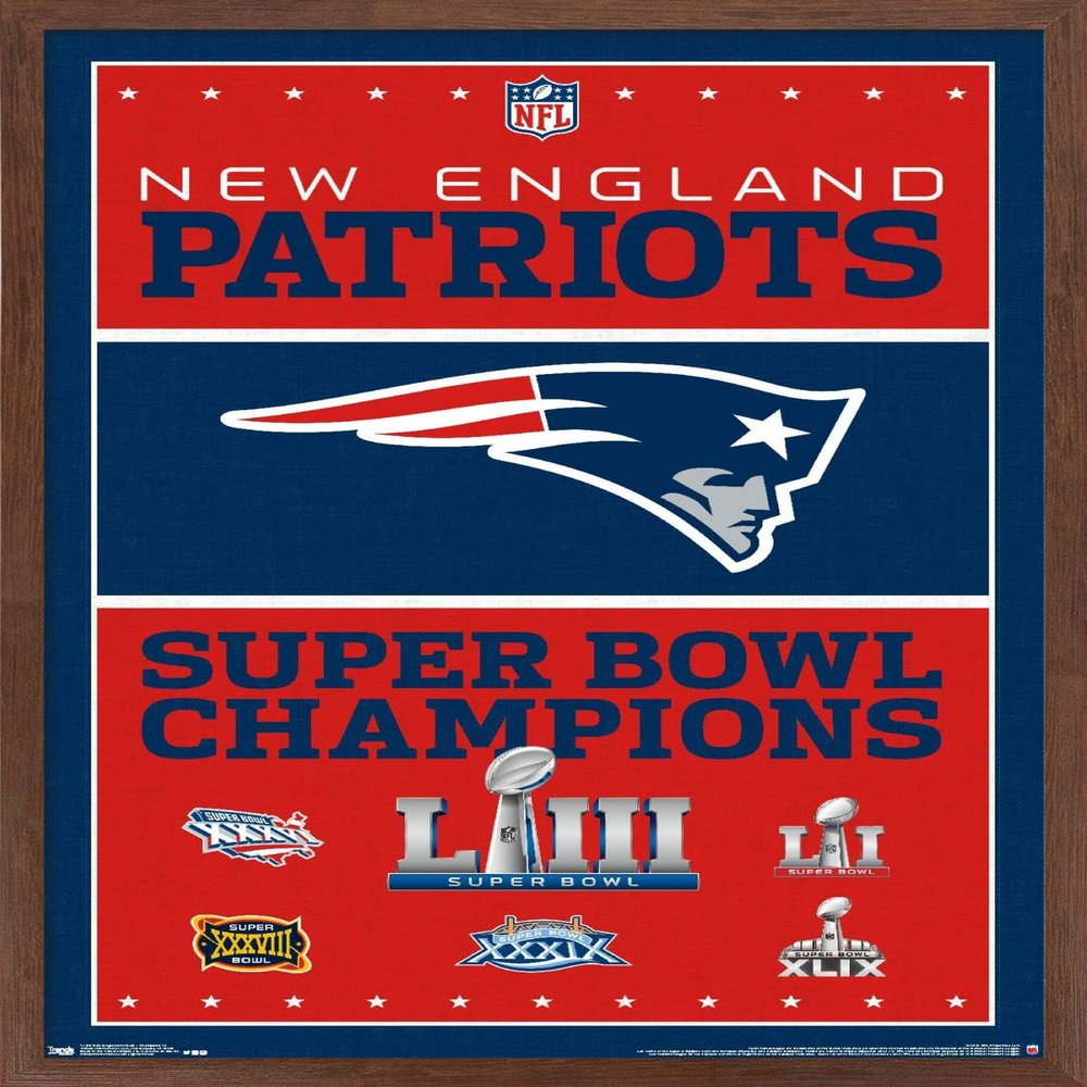 Trends International NFL New England Patriots - Champions 19 Wall Poster, 22.375" x 34", Mahogany Framed Version