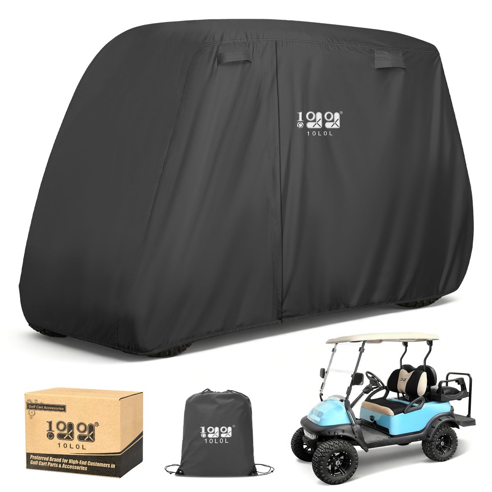 10L0L Golf Cart Cover 2/4/4+2 Passenger for Yamaha EZGO Club Car, Heavy Duty 420D Waterproof Windproof Durable Polyester Golf Cart Cover with 3 Zipper Doors for All-Weather Protection - Black