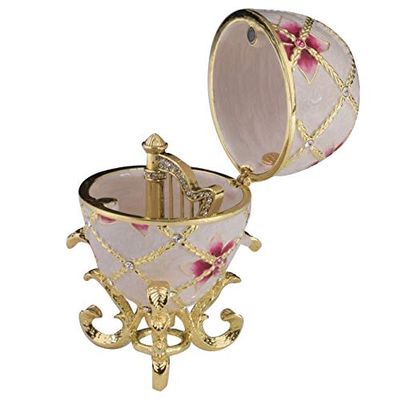 Keren Kopal White Russian Egg with Flowers And Harp Surprise Inside Trinket Box Faberge Egg Decorated with Austrian Crystals Collectors Easter Egg