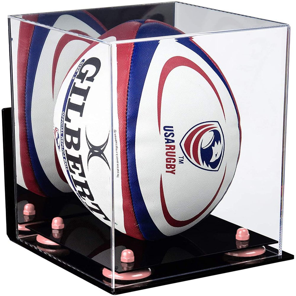 Better Display Cases Acrylic Rugby Ball Display Case Vertical with Mirror, Wall Mount and Pink Risers (A060-PNR)
