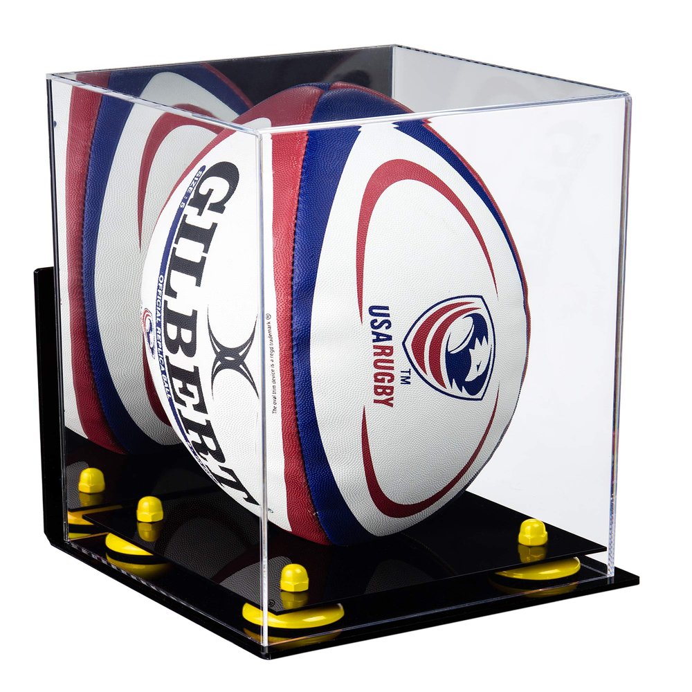 Better Display Cases Acrylic Rugby Ball Display Case Vertical with Mirror, Wall Mount and Yellow Risers (A060-YR)