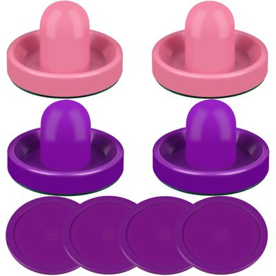 ONE250 Air Hockey Pushers and Purple Air Hockey Pucks, Goal Handles Paddles Replacement Accessories for Game Tables (4 Striker, 4 Puck Pack) (Pink & Purple)