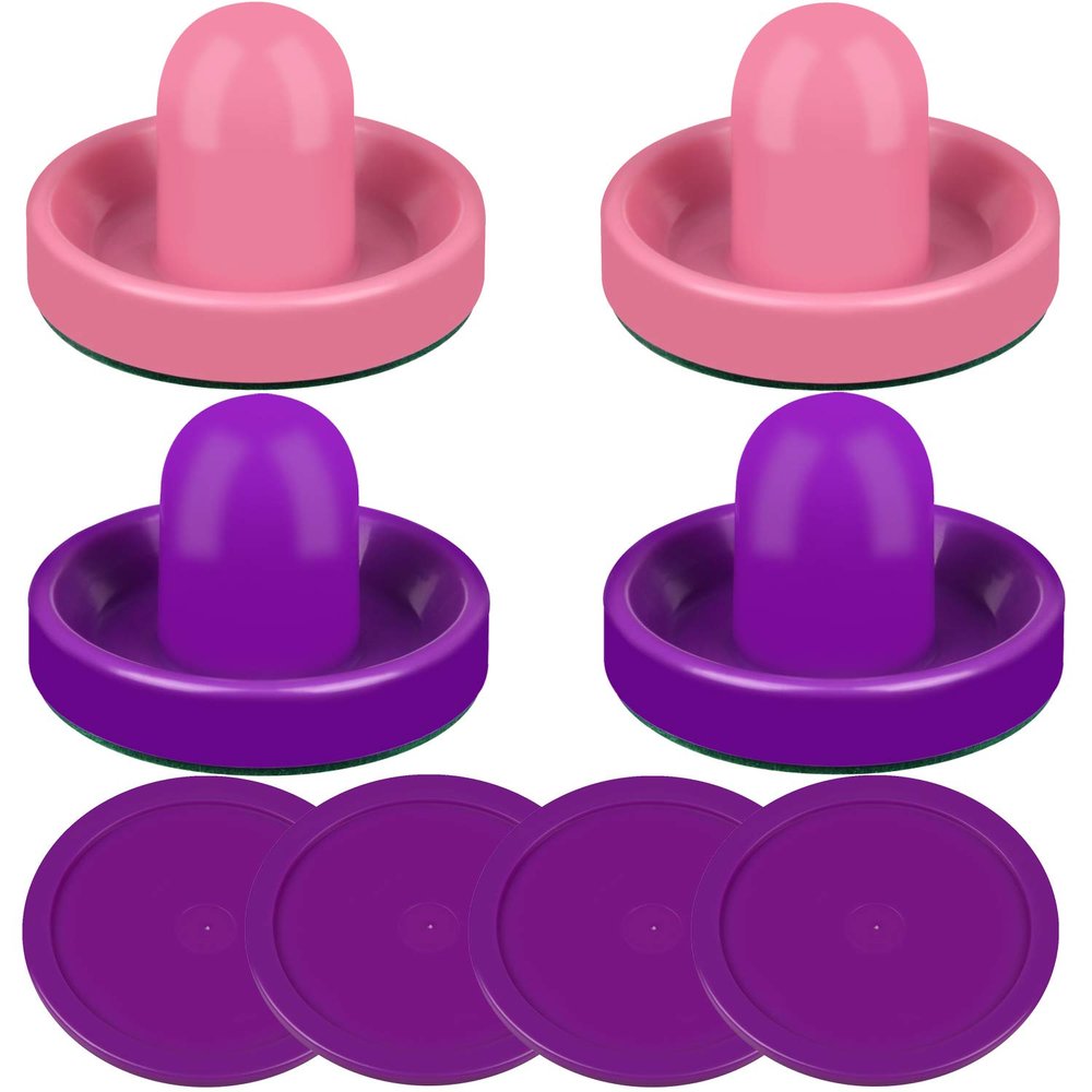 ONE250 Air Hockey Pushers and Purple Air Hockey Pucks, Goal Handles Paddles Replacement Accessories for Game Tables (4 Striker, 4 Puck Pack) (Pink & Purple)