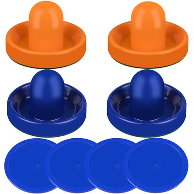 ONE250 Air Hockey Pushers and Blue Air Hockey Pucks, Goal Handles Paddles Replacement Accessories for Game Tables (4 Striker, 4 Puck Pack) (Orange & Blue)