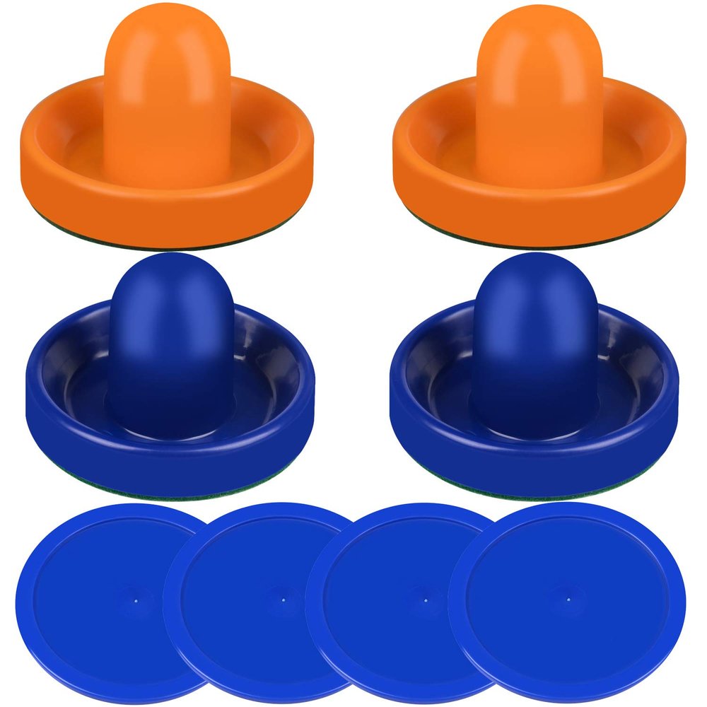 ONE250 Air Hockey Pushers and Blue Air Hockey Pucks, Goal Handles Paddles Replacement Accessories for Game Tables (4 Striker, 4 Puck Pack) (Orange & Blue)