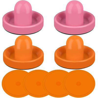 ONE250 Air Hockey Pushers and Orange Air Hockey Pucks, Goal Handles Paddles Replacement Accessories for Game Tables (4 Striker, 4 Puck Pack) (Orange & Pink)