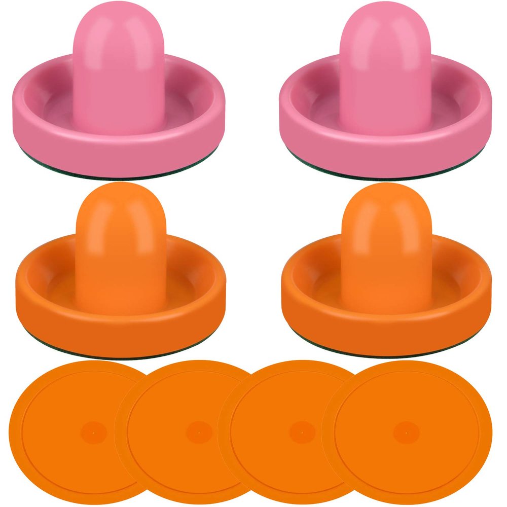 ONE250 Air Hockey Pushers and Orange Air Hockey Pucks, Goal Handles Paddles Replacement Accessories for Game Tables (4 Striker, 4 Puck Pack) (Orange & Pink)
