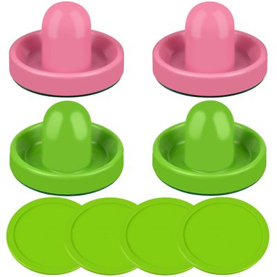 ONE250 Air Hockey Pushers and Green Air Hockey Pucks, Goal Handles Paddles Replacement Accessories for Game Tables (4 Striker, 4 Puck Pack) (Pink & Green)