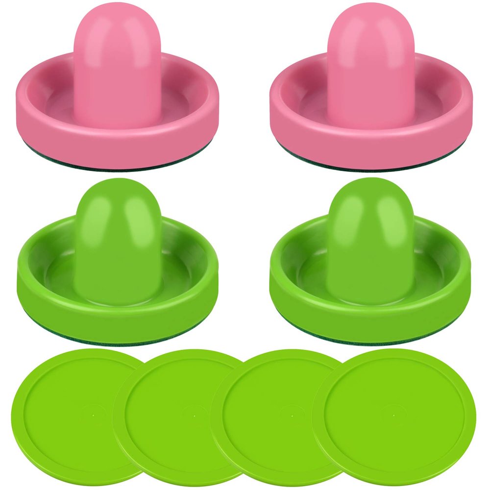 ONE250 Air Hockey Pushers and Green Air Hockey Pucks, Goal Handles Paddles Replacement Accessories for Game Tables (4 Striker, 4 Puck Pack) (Pink & Green)