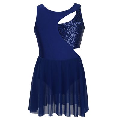 Freebily Girls Sequin Lyrical Ballet Latin Dance Dress Sleeveless Figure Ice Skating Dress Gymnastics Leotard Skirt Costume (Navy_Blue, 14)