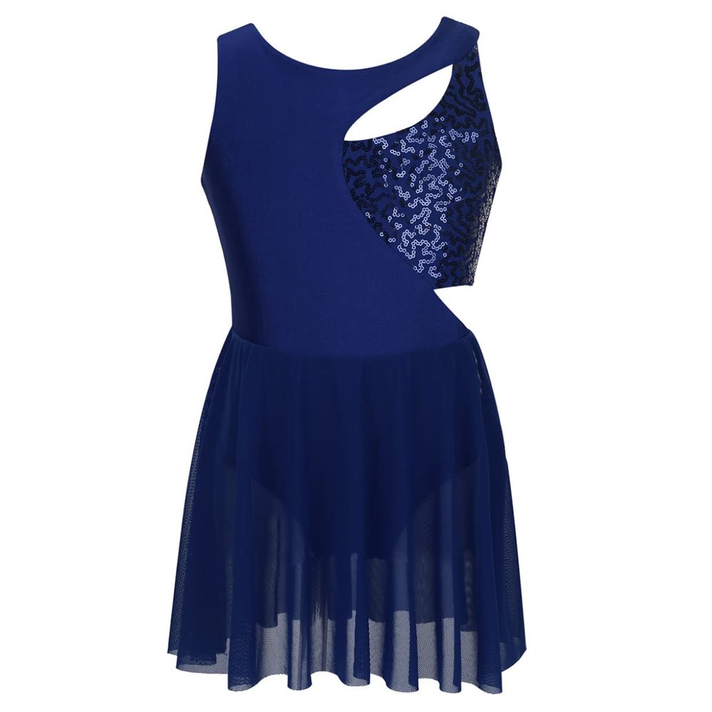 Freebily Girls Sequin Lyrical Ballet Latin Dance Dress Sleeveless Figure Ice Skating Dress Gymnastics Leotard Skirt Costume (Navy_Blue, 14)