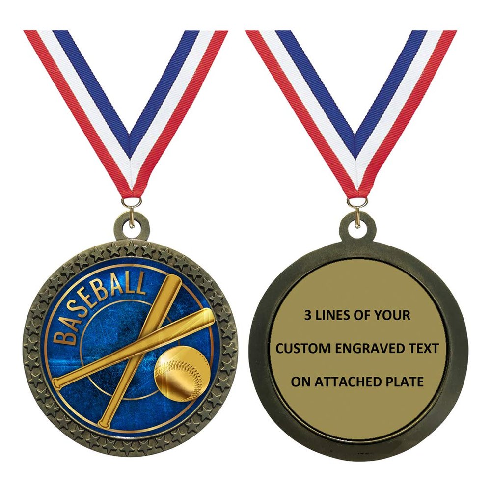 Custom Engraved 2-1/2 inch Die-Cast Baseball Medals Award Medallion with Antique Gold Finish and Attached 2 Inch Full Color Laminated Sport Insert Trophy Medal