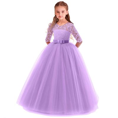 IZKIZF Flower Girls 3/4 Sleeve Lace Bowknot Princess Wedding Tulle Dress Birthday Communion Pageant Party Ball Maxi Gown Purple 2-3T