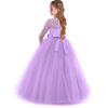 IZKIZF Flower Girls 3/4 Sleeve Lace Bowknot Princess Wedding Tulle Dress Birthday Communion Pageant Party Ball Maxi Gown Purple 2-3T view 2
