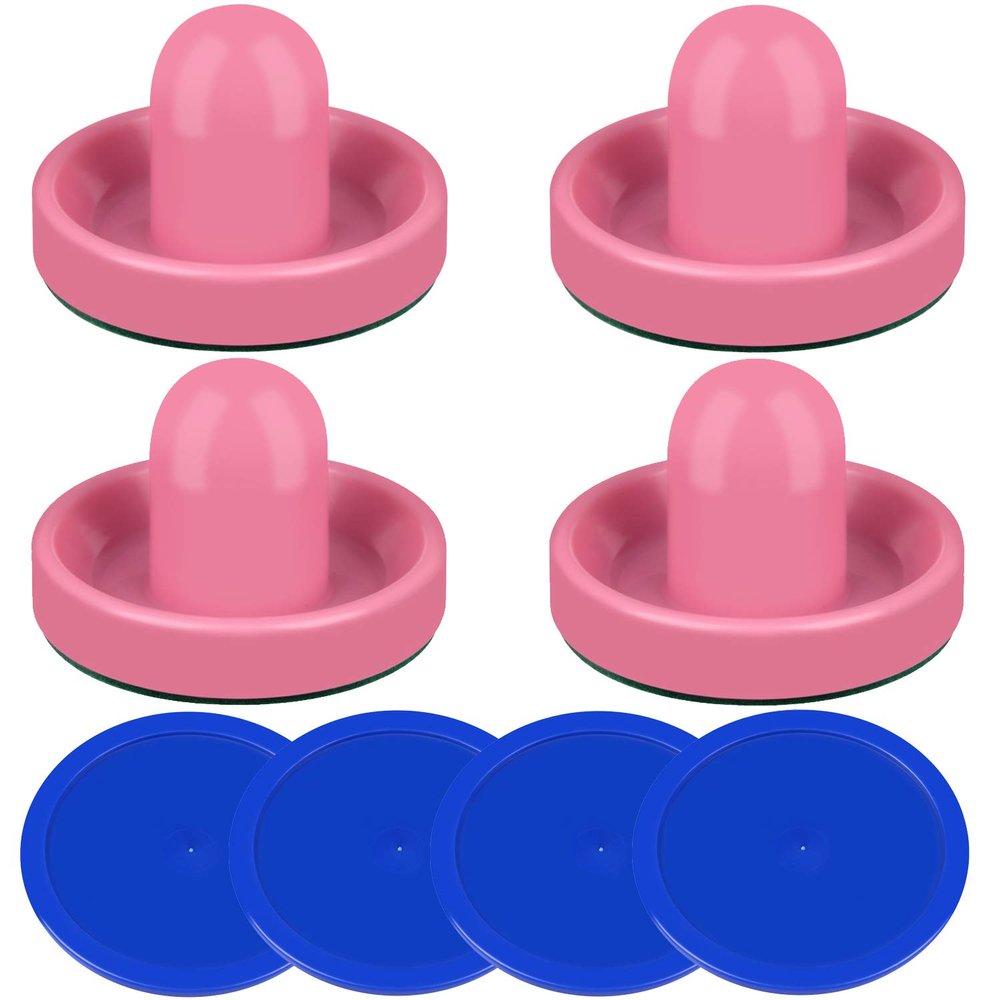 ONE250 Air Hockey Pushers and Blue Air Hockey Pucks, Goal Handles Paddles Replacement Accessories for Game Tables (4 Striker, 4 Puck Pack) (Pink)