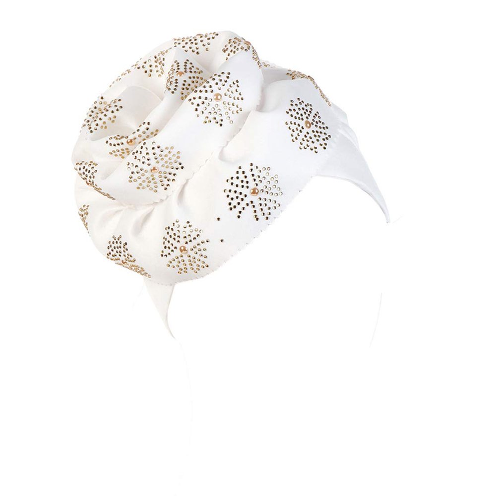 Women Turban Hat African Knot Headwrap Beanie Pre-Tied Chemo Cap Hair Loss Hat White