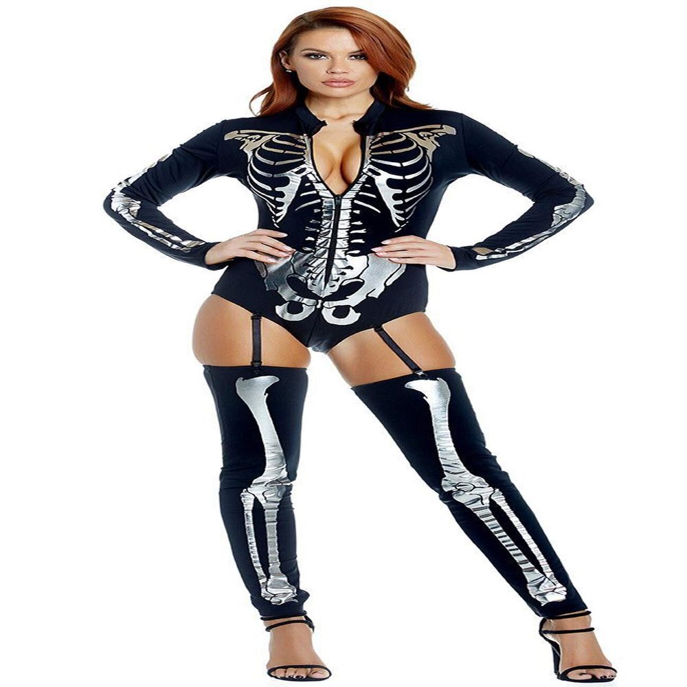 Honeystore Women's Skeleton Print Halloween Cosplay Non-Split Swimsuit and Tights Black M 80861