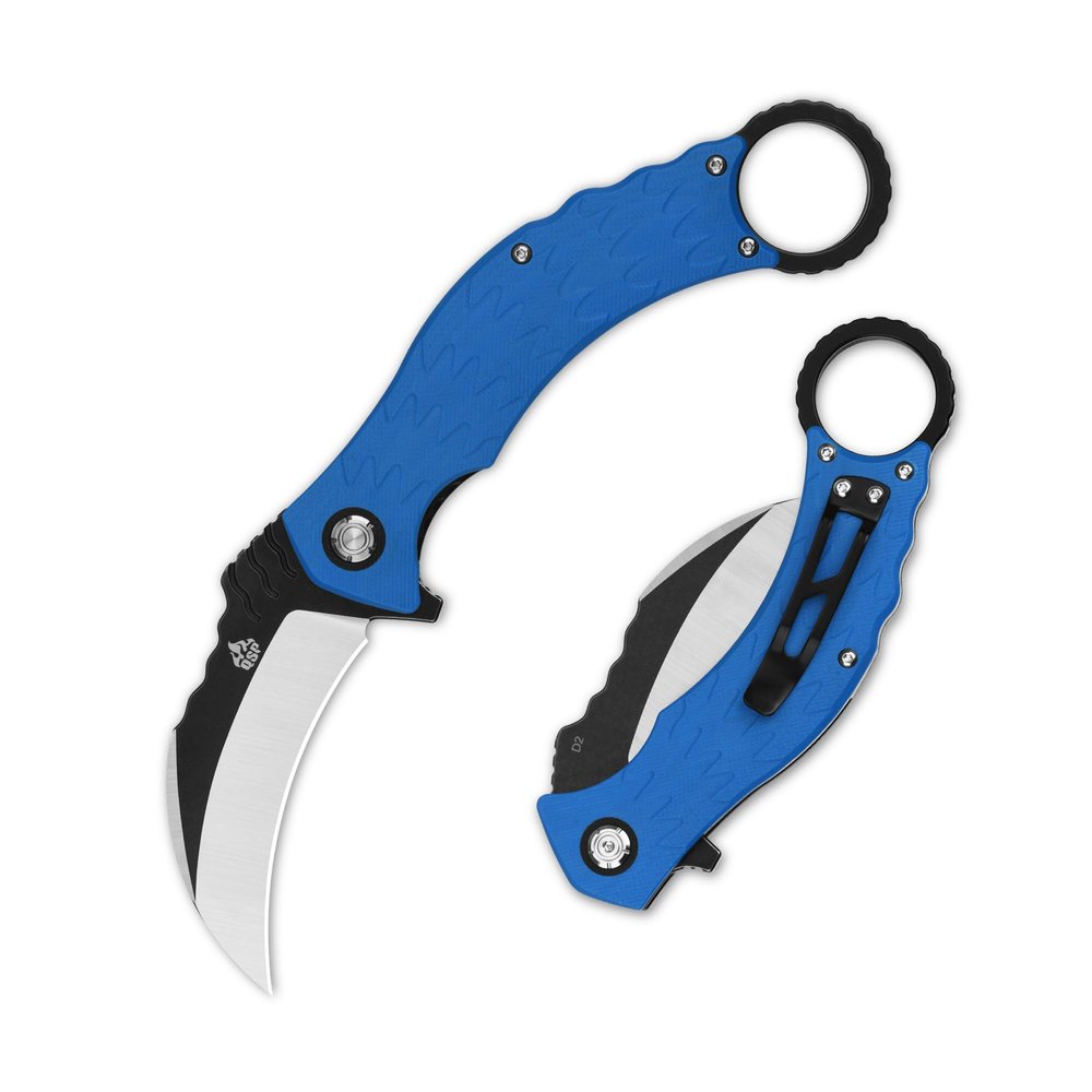 QSP Eagle Folding Pocket Knife, 3.12" D2 Black Satin Blade EDC Tactical Knife, Blue G10 Handle, Liner Lock, Ceramic Ball Bearings, SS Clip