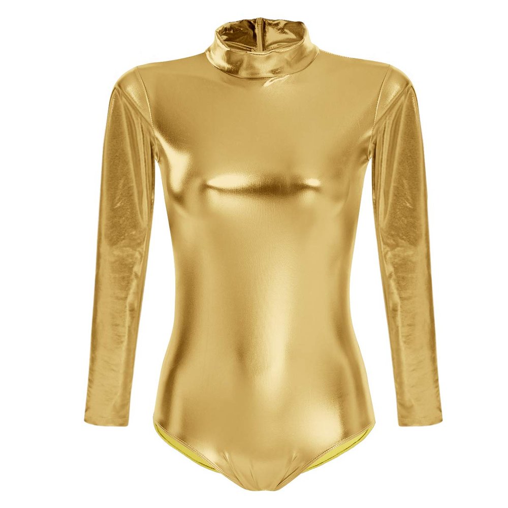 Womens Shiny Metallic Bodysuit Gymnastics Ballet Dance Leotard Long Sleeve Mock Neck Jumpsuit Romper Top Ballerina Workout Yoga Tights Unitard One Piece Thong Training Dancewear Costume Gold S