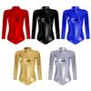 Womens Shiny Metallic Bodysuit Gymnastics Ballet Dance Leotard Long Sleeve Mock Neck Jumpsuit Romper Top Ballerina Workout Yoga Tights Unitard One Piece Thong Training Dancewear Costume Gold S view 4