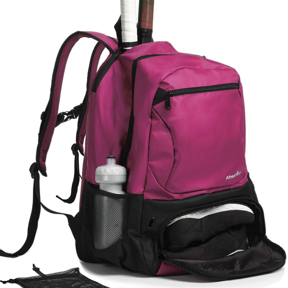 Athletico Premier Tennis Backpack - Tennis Bag Holds 2 Rackets in Padded Compartment | Separate Ventilated Shoe Compartment | Tennis Bags for Men or Women (Pink)