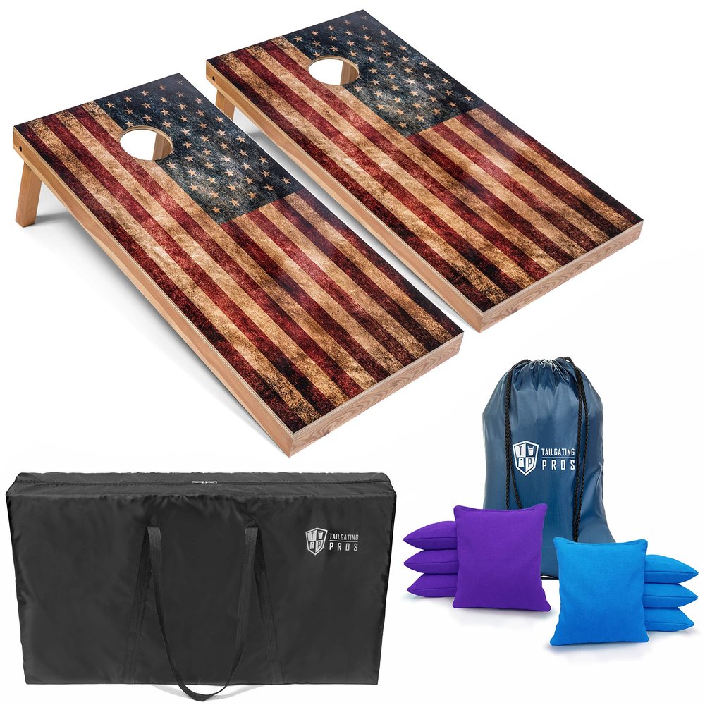 Tailgating Pros Rustic American Flag Cornhole Boards w/Bean Bags - 4'x2' Distressed Flag Cornhole Game w/Carrying Case & Corn Hole Bags