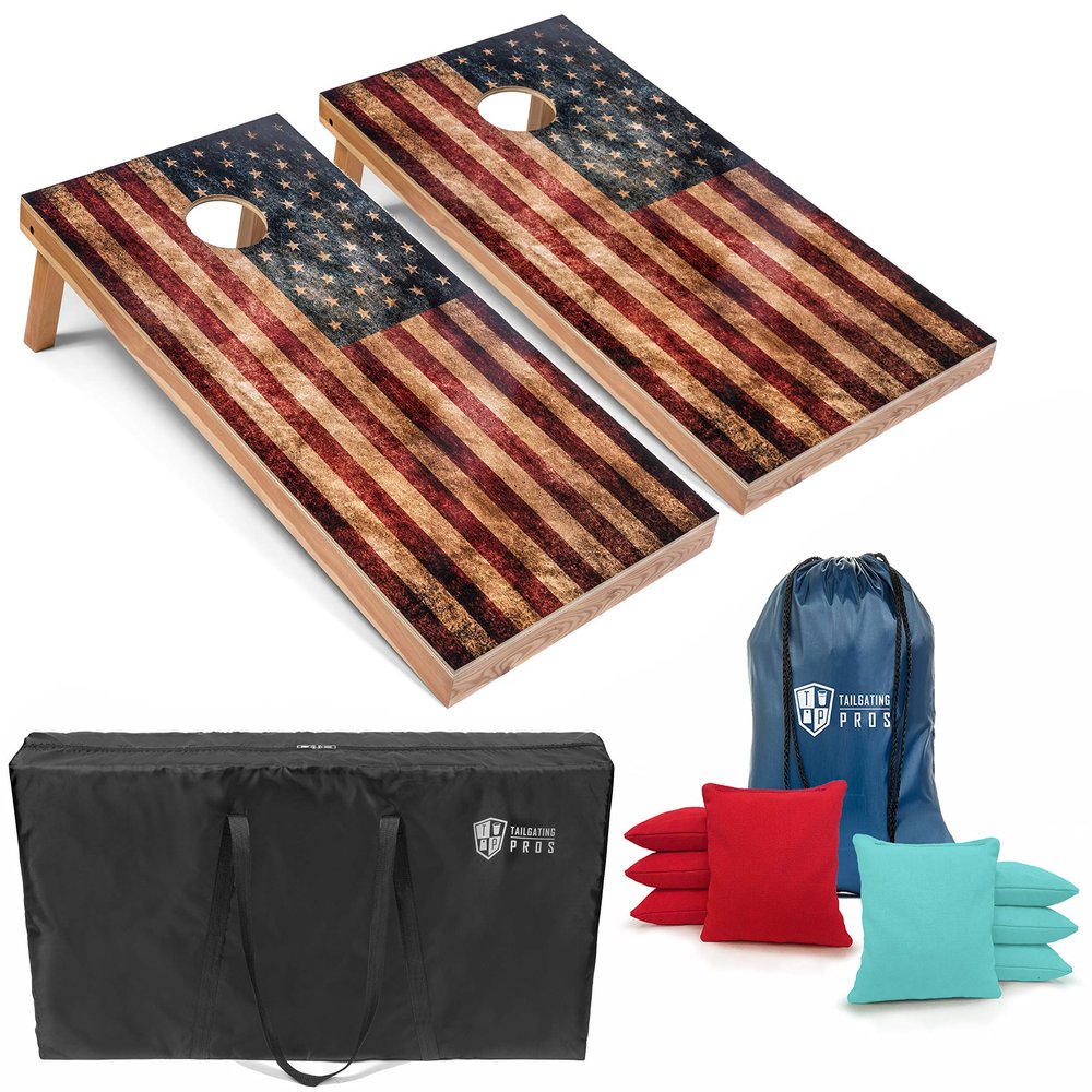 Tailgating Pros Rustic American Flag Cornhole Boards w/Bean Bags - 4'x2' Distressed Flag Cornhole Game w/Carrying Case & Corn Hole Bags