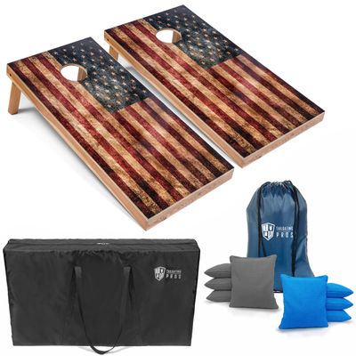 Tailgating Pros Rustic American Flag Cornhole Boards w/Bean Bags - 4'x2' Distressed Flag Cornhole Game w/Carrying Case & Corn Hole Bags