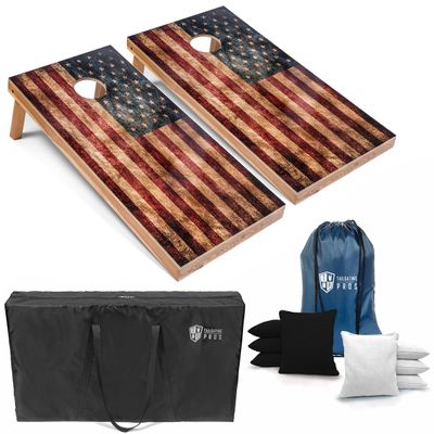 Tailgating Pros Rustic American Flag Cornhole Boards w/Bean Bags - 4'x2' Distressed Flag Cornhole Game w/Carrying Case & Corn Hole Bags