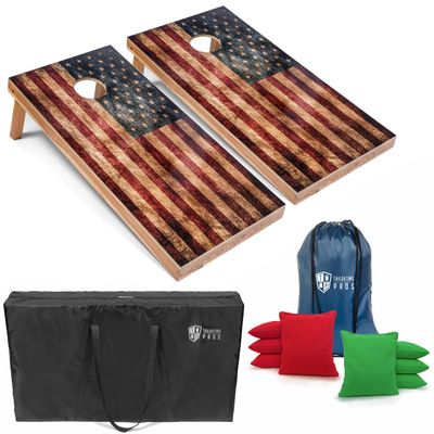 Tailgating Pros Rustic American Flag Cornhole Boards w/Bean Bags - 4'x2' Distressed Flag Cornhole Game w/Carrying Case & Corn Hole Bags