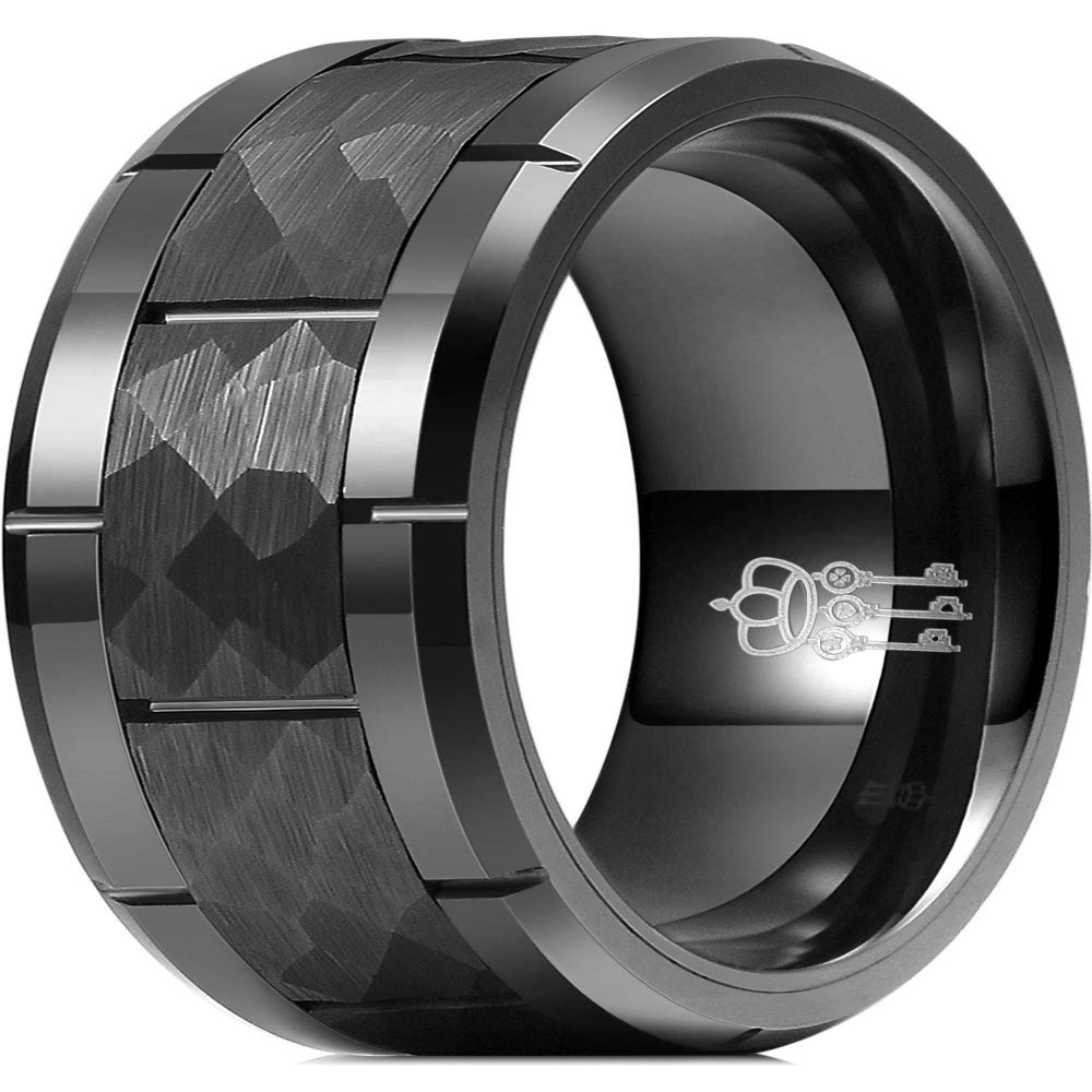 THREE KEYS JEWELRY Tungsten Carbide Mens Hammered Wedding Band Ring Polish for Men Inlay Engrave Engagement Black Size 9