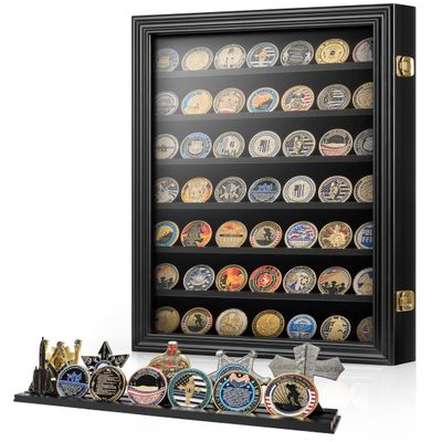7 Rows Military Challenge Coin Holder Wall Display Case with HD Tempered Glass  Holds 100 Coins, Medal Display Cabinet Rack Shadow Box with Removable 2-Groove Shelves for Casino Poker Chips, Black