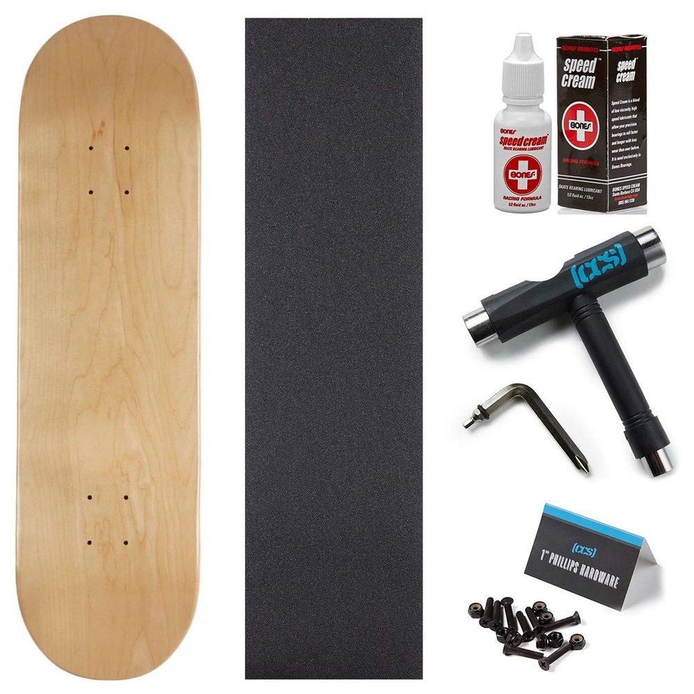 [CCS] Blank Maple 7 Ply Resin Skateboard Deck - 7.75" With Bones Speed Cream, Grip, Skate Tool, and 1" Hardware