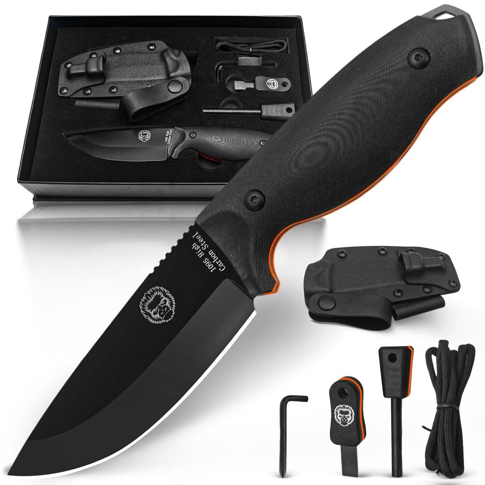 Holtzman's Gorilla Survival Bloodline Fixed Blade Knife with Sheath - Full Tang 1095 High Carbon Steel - Outdoor Bushcraft & Hunting Knife for Survival Gear