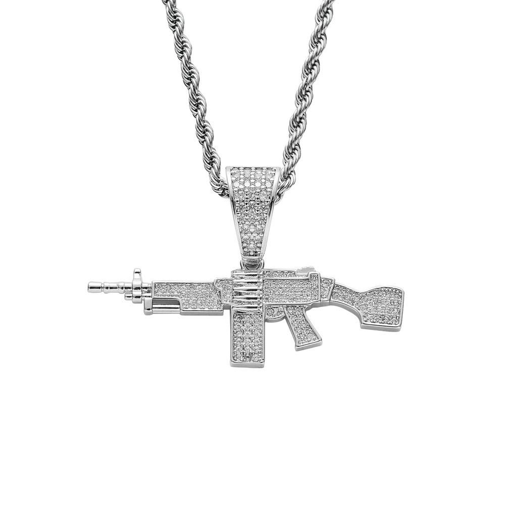 Moca Jewelry Iced Out Machine Gun Pendant 18K Gold Plated Bling CZ Simulated Diamond Hip Hop Necklace for Men Women (Silver)