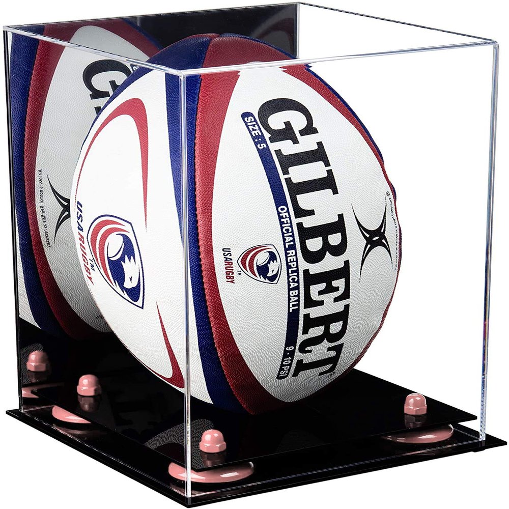 Better Display Cases Acrylic Rugby Ball Display Case Vertical with Mirror and Pink Risers (A060-PNR)