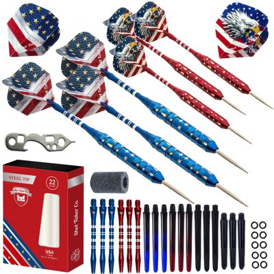 Steel Tip Darts Set - Professional Darts Steel Tip for Dartboard - Includes Brass Barrels + Plastic & Aluminum Shafts + Rubber O'Rings + Flights + Darts Sharpener + Wrench (22g- USA -STC10420)