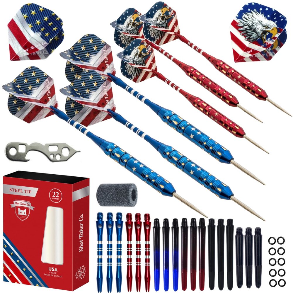 Steel Tip Darts Set - Professional Darts Steel Tip for Dartboard - Includes Brass Barrels + Plastic & Aluminum Shafts + Rubber O'Rings + Flights + Darts Sharpener + Wrench (22g- USA -STC10420)