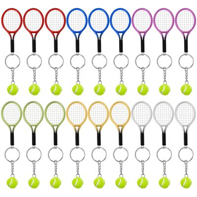 AUHOKY 18Pcs Mini Tennis Racket Keychain Key Ring, Fashionable Alloy Tennis Ball Split Ring, Sport Style Split Keychain for Sport Lovers Team - Exquisite & Lightweight(6 Colors)