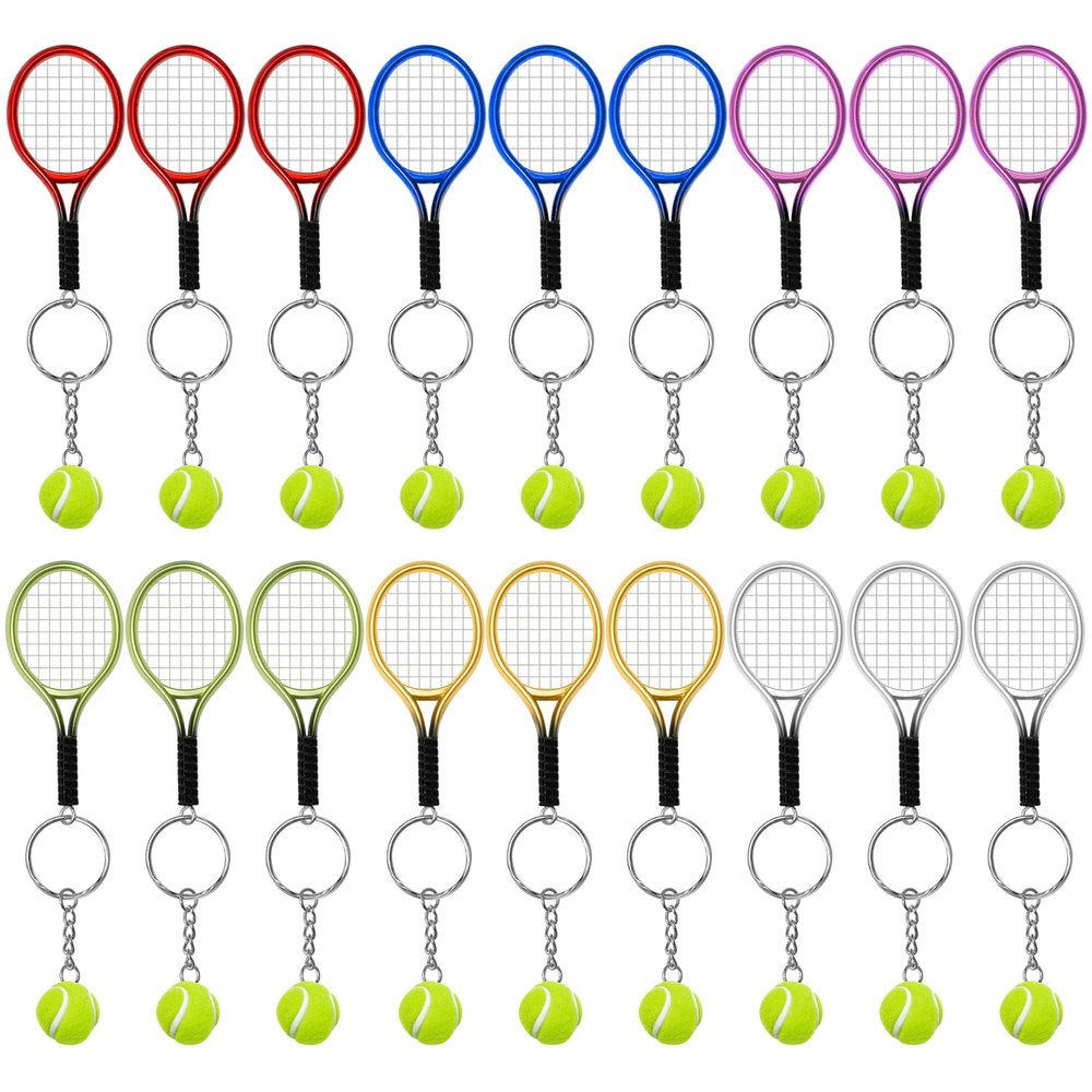 AUHOKY 18Pcs Mini Tennis Racket Keychain Key Ring, Fashionable Alloy Tennis Ball Split Ring, Sport Style Split Keychain for Sport Lovers Team - Exquisite & Lightweight(6 Colors)