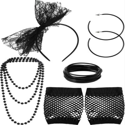 80s Fancy Dress Costume Accessories Lace Headband Earrings Fishnet Gloves Necklace Bracelet for 80s Retro Party (Black)