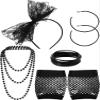 80s Fancy Dress Costume Accessories Lace Headband Earrings Fishnet Gloves Necklace Bracelet for 80s Retro Party (Black) view 1