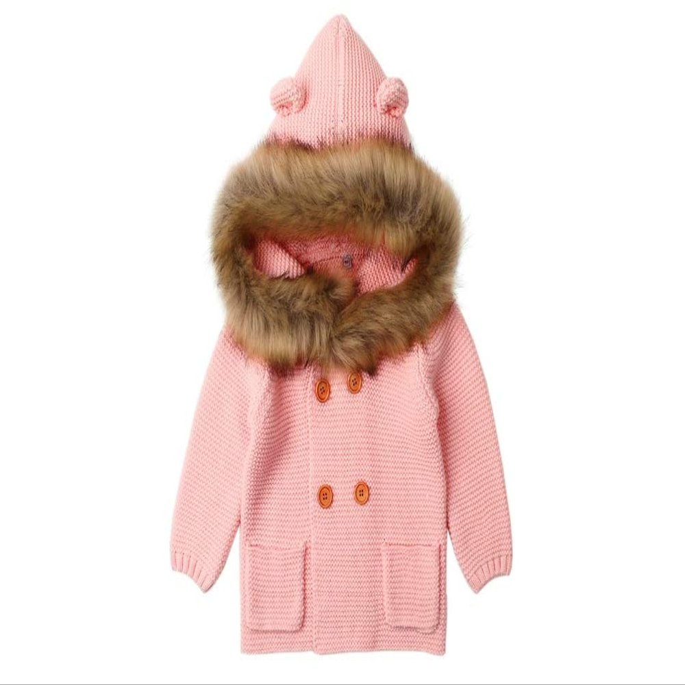 Stesti Kids Coats Boys Winter Fur Hood Newborn Knitted Jackets Kids Winter Coat with Fur Hood (12M) Pink