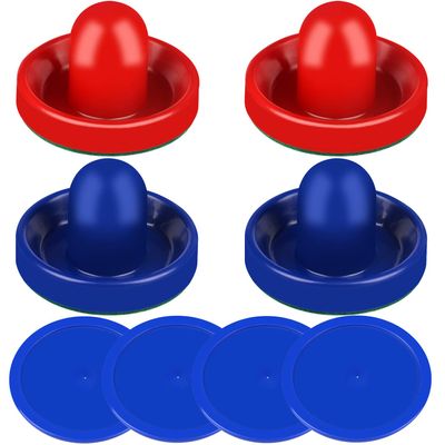 ONE250 Air Hockey Pushers and Blue Air Hockey Pucks, Goal Handles Paddles Replacement Accessories for Game Tables (4 Striker, 4 Puck Pack) (Blue & Red)