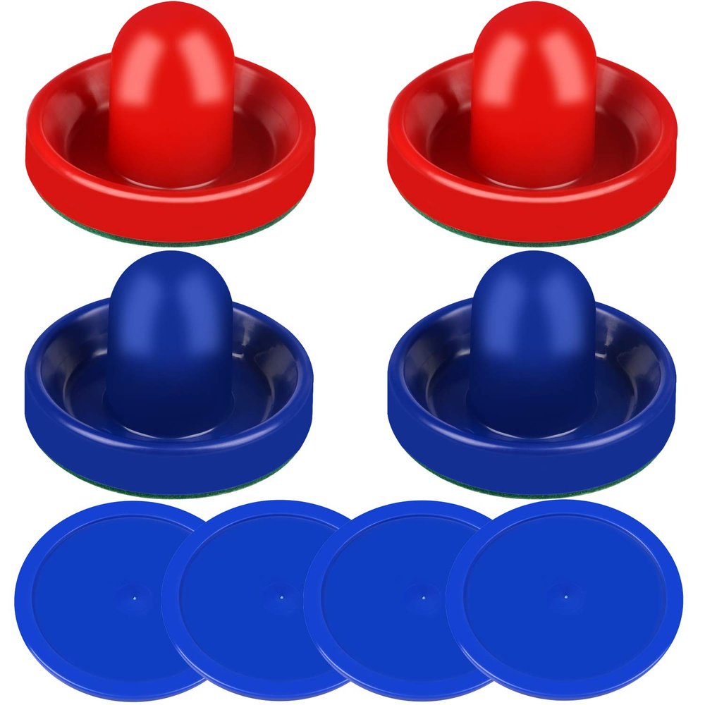 ONE250 Air Hockey Pushers and Blue Air Hockey Pucks, Goal Handles Paddles Replacement Accessories for Game Tables (4 Striker, 4 Puck Pack) (Blue & Red)