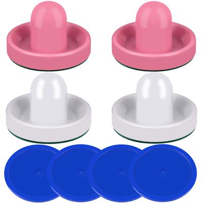 ONE250 Air Hockey Pushers and Blue Air Hockey Pucks, Goal Handles Paddles Replacement Accessories for Game Tables (4 Striker, 4 Puck Pack) (Pink & White)