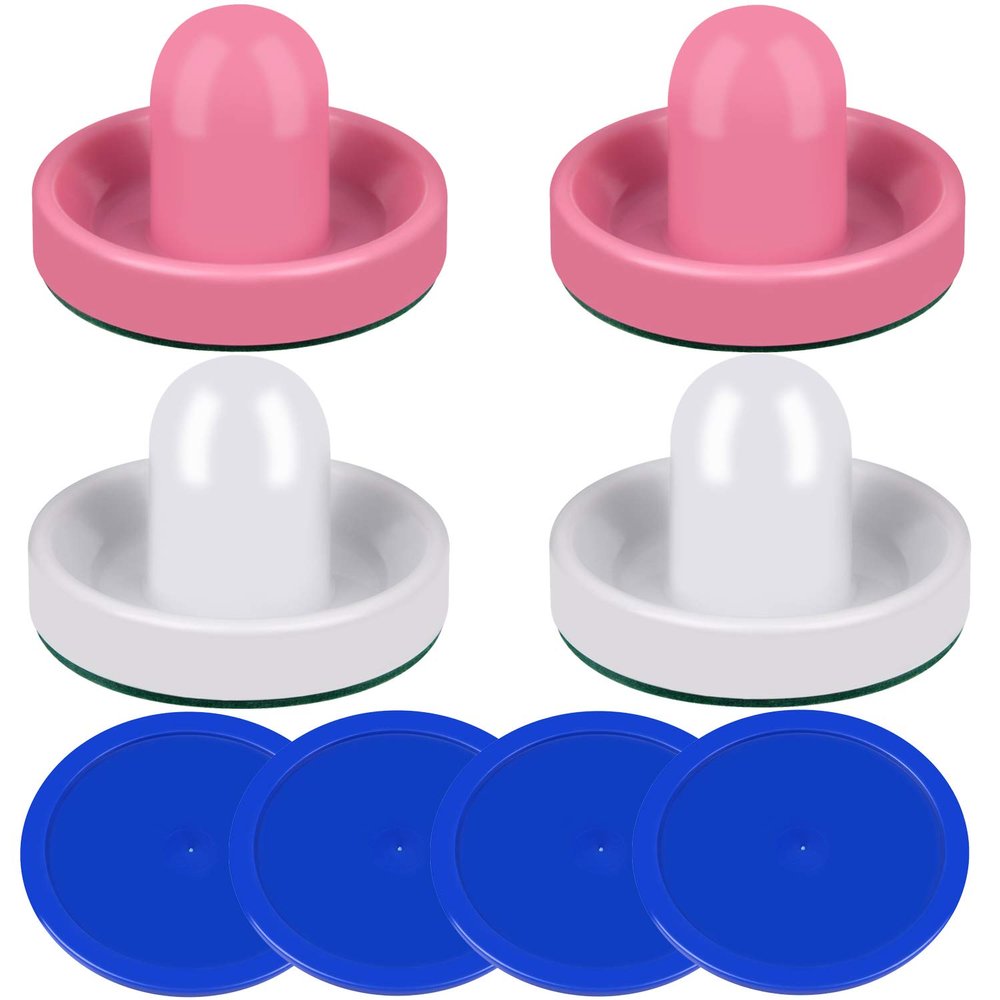 ONE250 Air Hockey Pushers and Blue Air Hockey Pucks, Goal Handles Paddles Replacement Accessories for Game Tables (4 Striker, 4 Puck Pack) (Pink & White)
