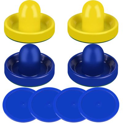 ONE250 Air Hockey Pushers and Blue Air Hockey Pucks, Goal Handles Paddles Replacement Accessories for Game Tables (4 Striker, 4 Puck Pack) (Yellow & Blue)