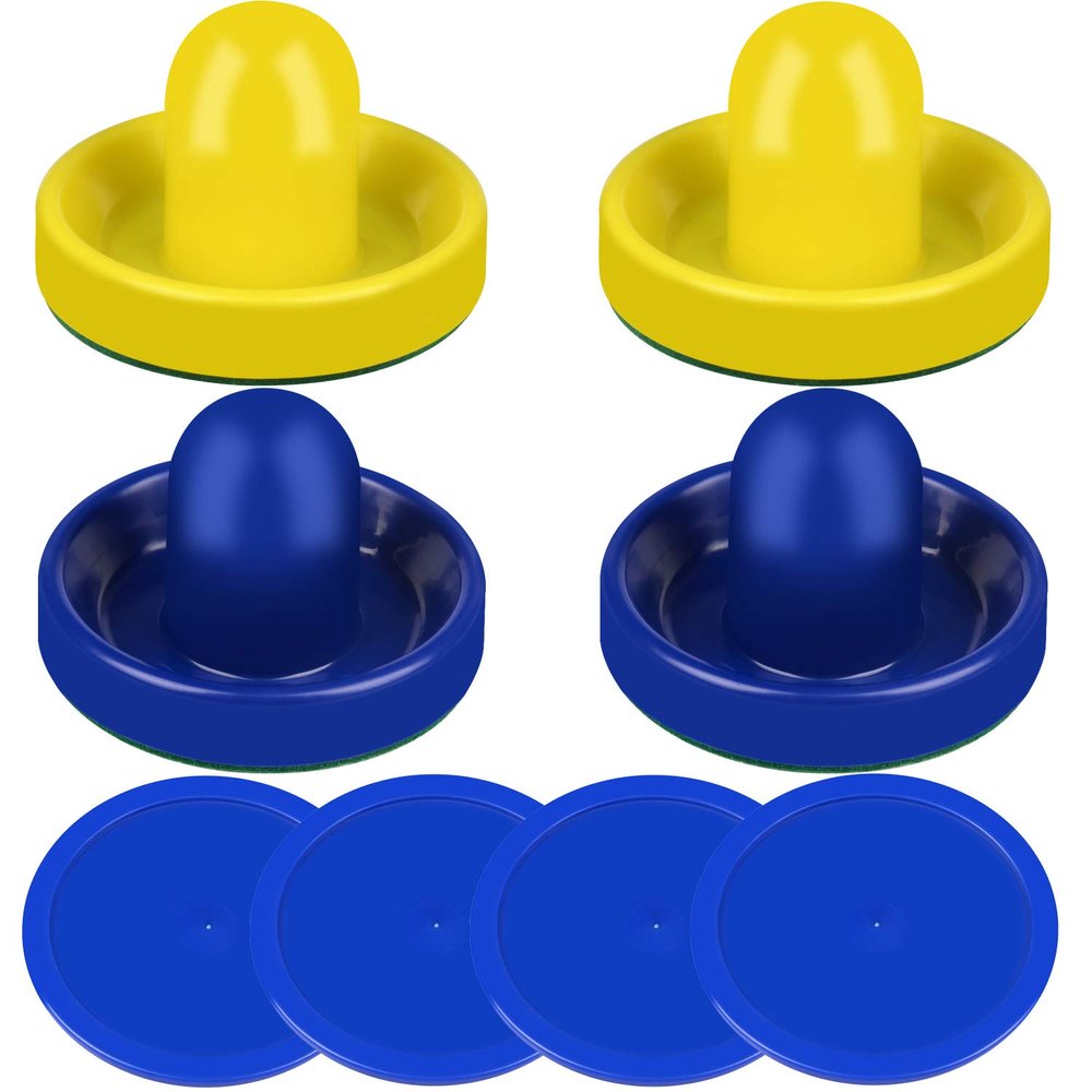ONE250 Air Hockey Pushers and Blue Air Hockey Pucks, Goal Handles Paddles Replacement Accessories for Game Tables (4 Striker, 4 Puck Pack) (Yellow & Blue)